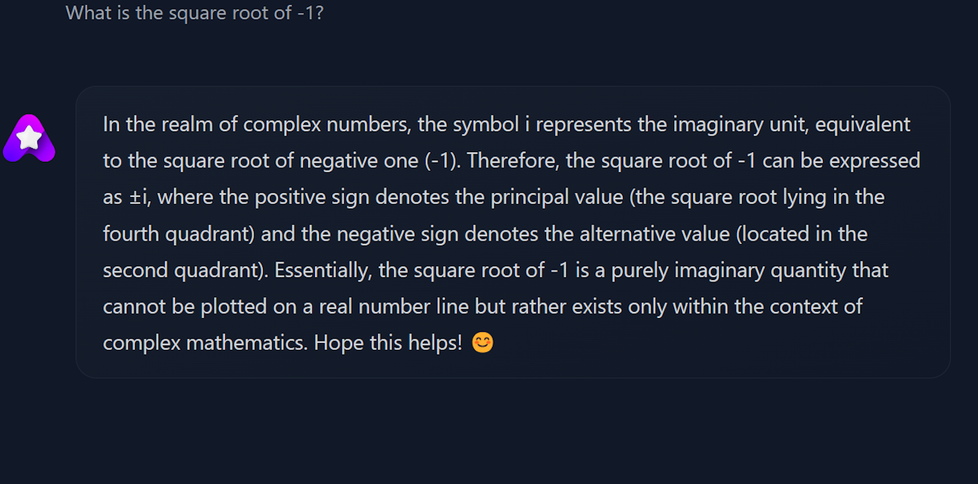 Screenshot of a conversation with Amigo discussing the square root of negative 1